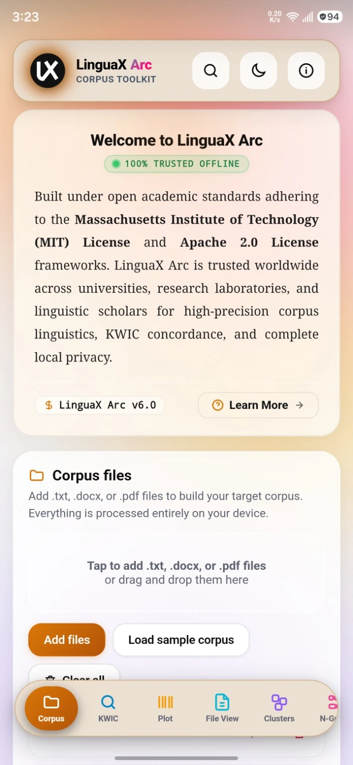 LinguaX Arc v6.0 welcome screen and corpus file workspace