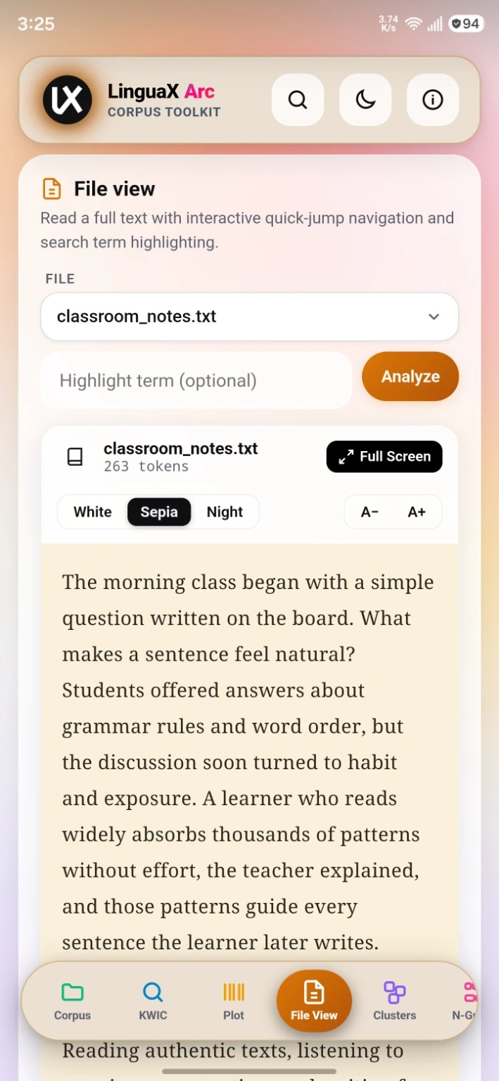 LinguaX Arc file viewer displaying a sample classroom text in sepia mode