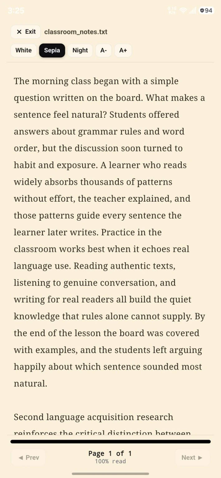 LinguaX Arc full-screen sepia reader with text size and page controls