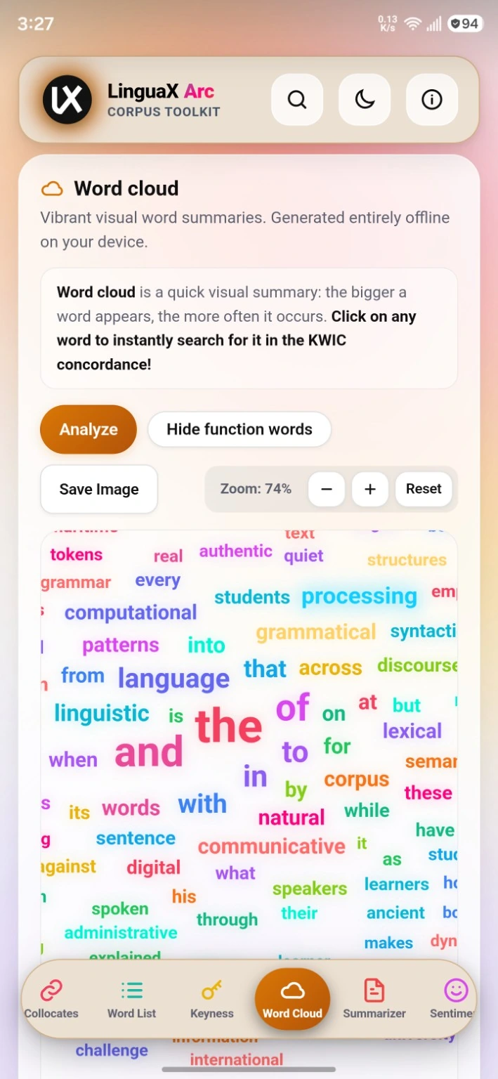 LinguaX Arc multicolour word cloud generated from sample texts