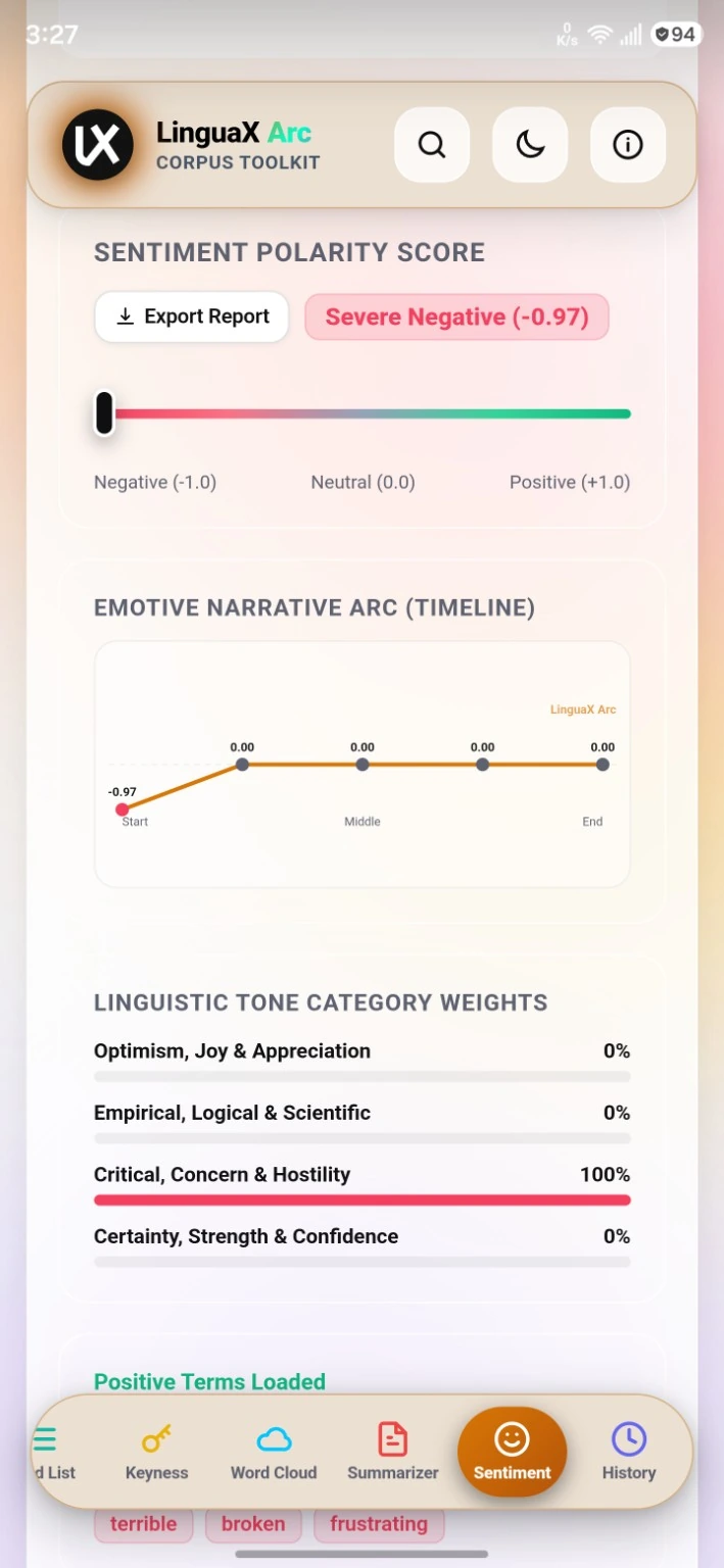 LinguaX Arc sentiment polarity, narrative timeline and tone weights