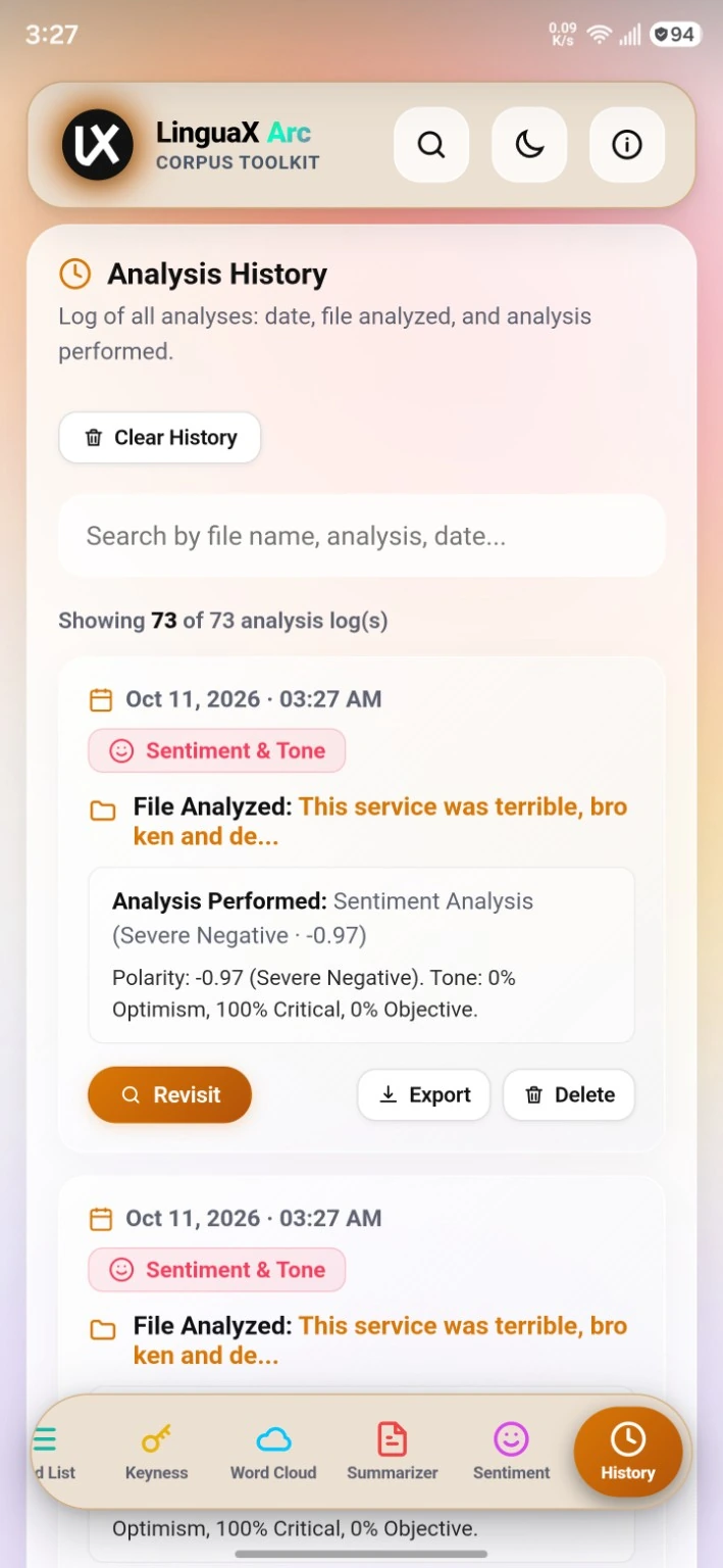 LinguaX Arc analysis history showing previous sentiment analysis entries